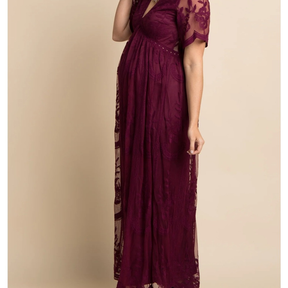 PinkBlush Burgundy Lace Mesh Overlay Maternity Maxi Dress